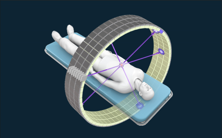 OXIDE sintilasyon kristallerinin yüksek çözünürlüklü PET tıbbi görüntüleme sistemlerinde kullanımını gösteren şematik model