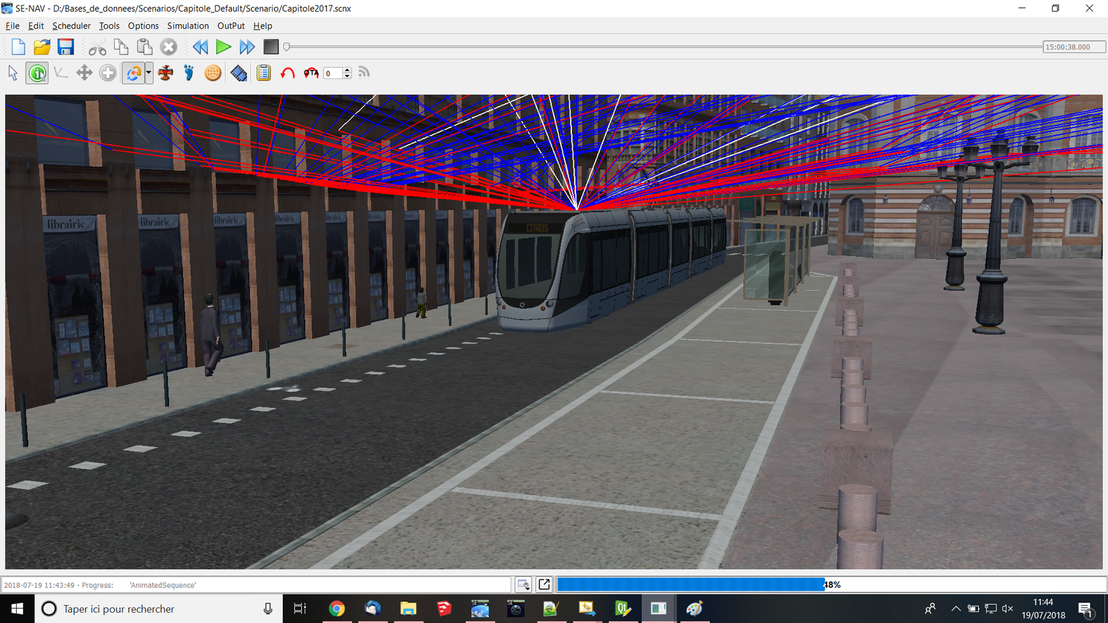 OKTAL-SE raylı sistem çevresinde GNSSS ve RF sinyal yayılımını gösteren SE-Workbench şehir senaryosu simülasyonu