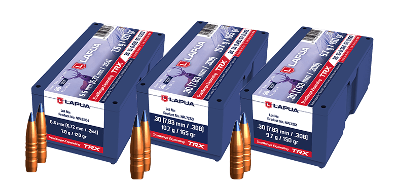 Lapua TRX av mühimmatı kutuları ve mermileri, yüksek balistik katsayı ve kontrollü terminal etki için tasarlanmış