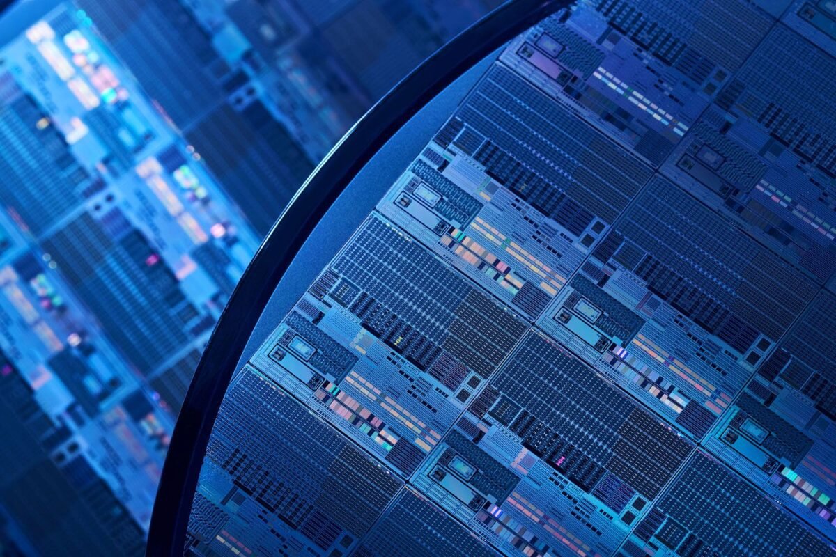 Mavi ışık altında yarı iletken wafer yüzeyi