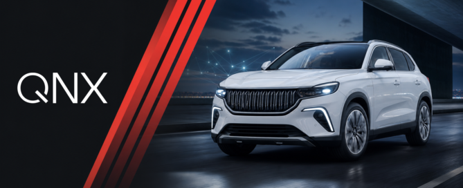 QNX logosu ve elektrikli SUV ile Software-Defined Vehicles konsept görseli